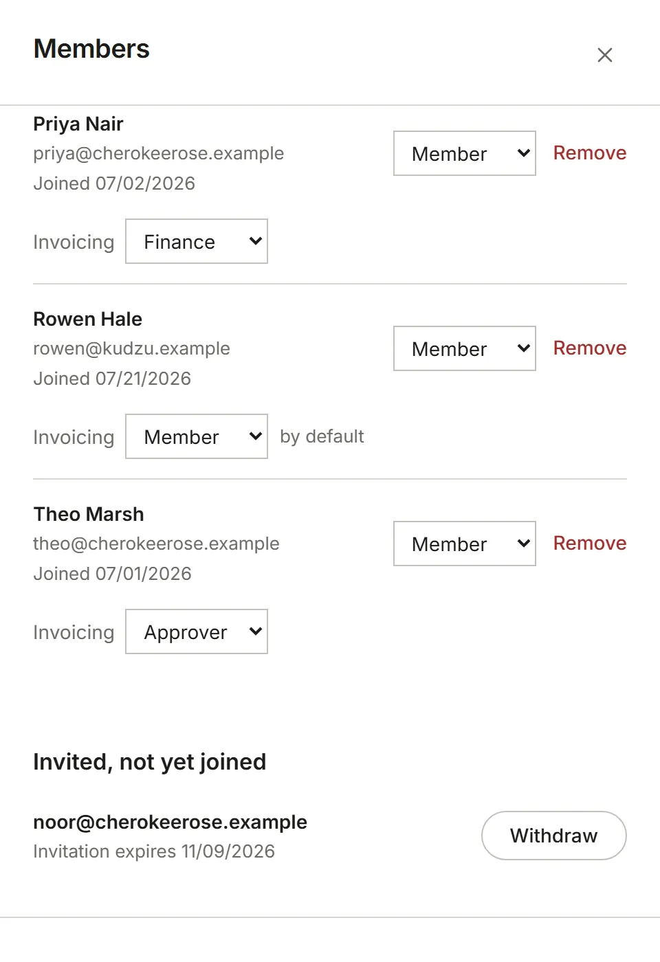 The Members page showing the invitation under Invited, not yet joined