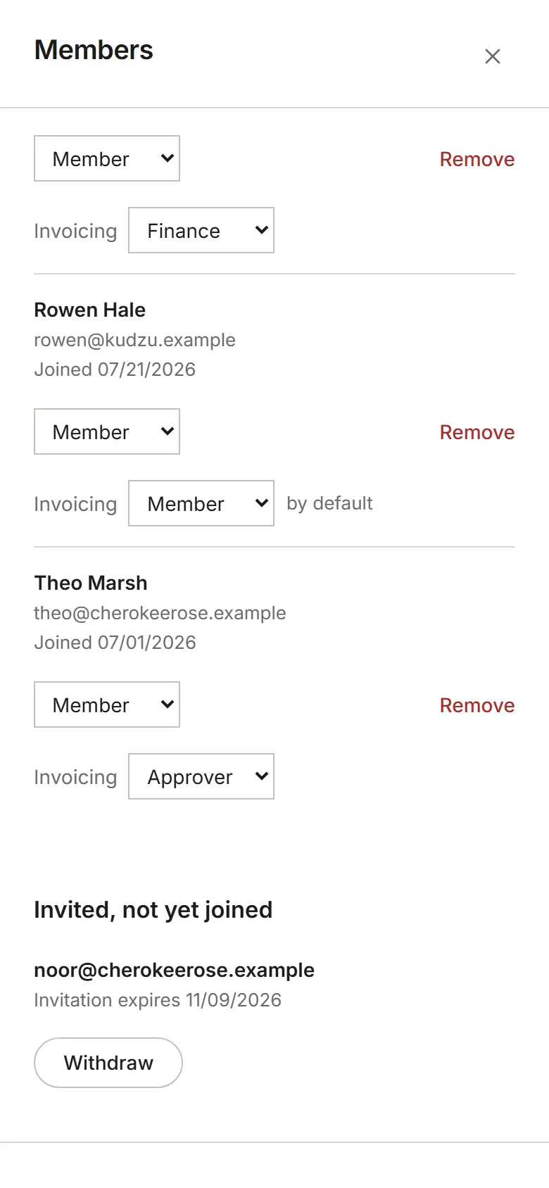 The Members page showing the invitation under Invited, not yet joined