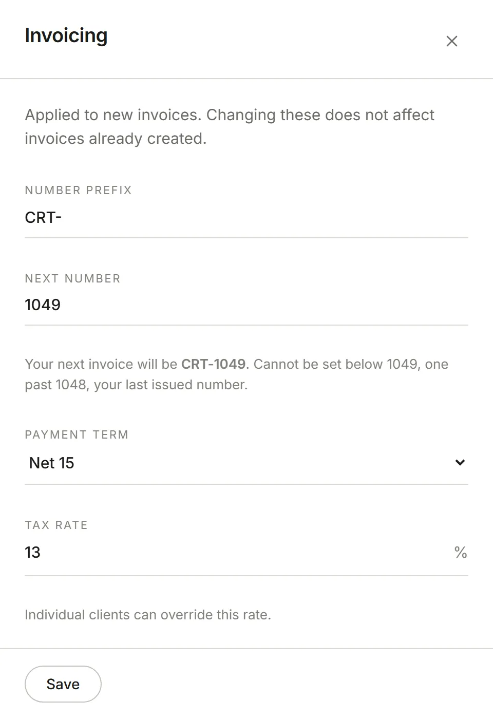 The Invoicing panel: number prefix, next number, payment term, tax rate and footer
