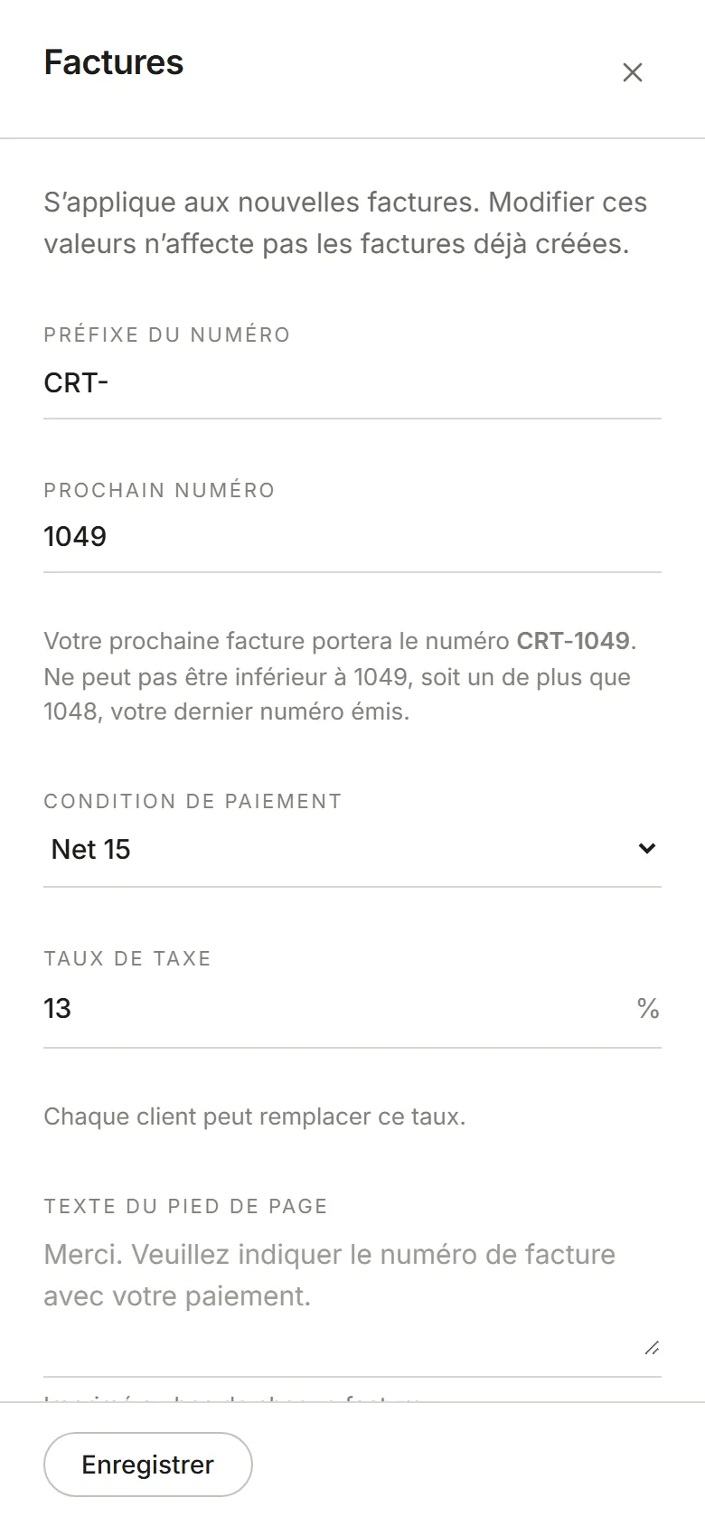 Le panneau Factures : préfixe du numéro, prochain numéro, condition de paiement, taux de taxe et pied de page