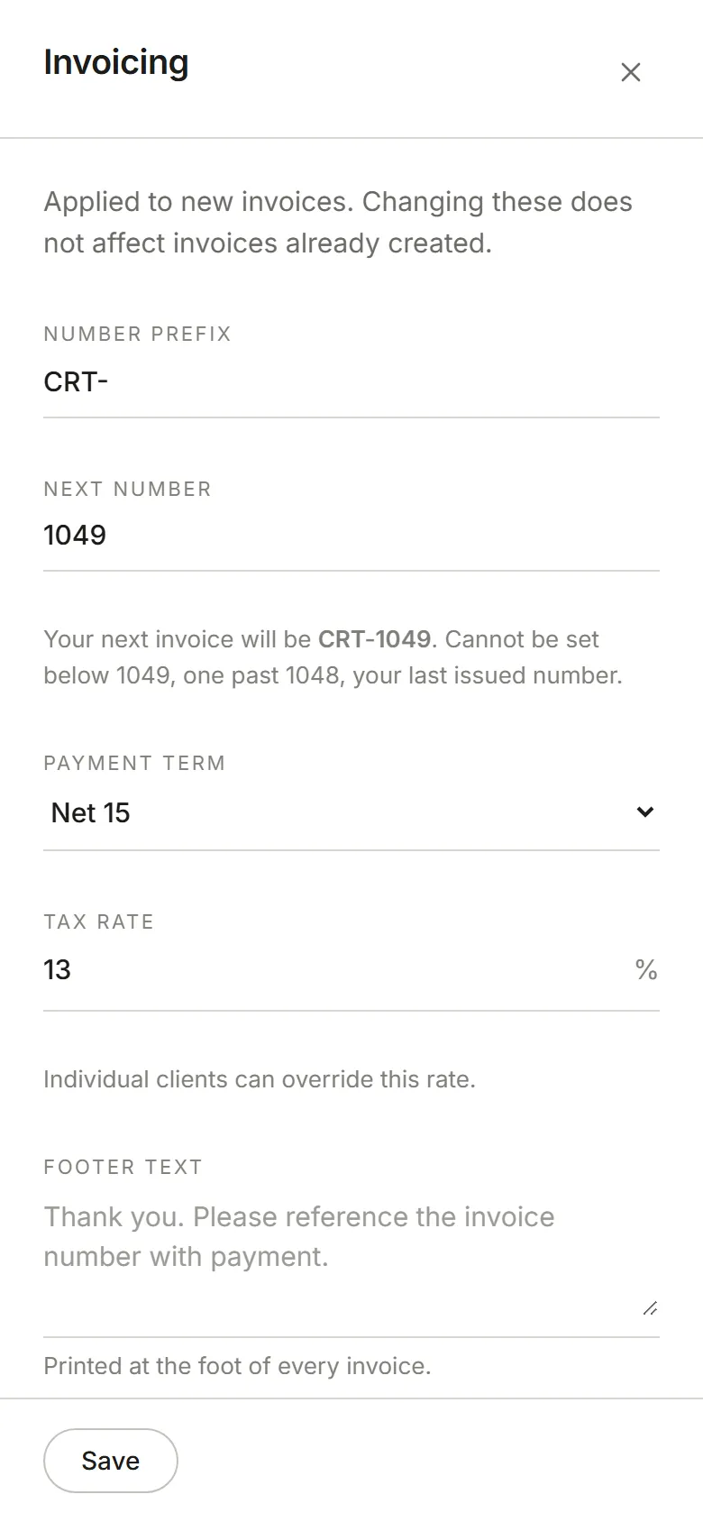 The Invoicing panel: number prefix, next number, payment term, tax rate and footer