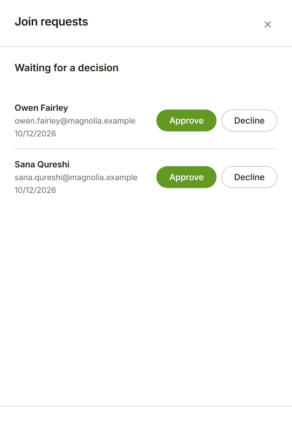 Join requests, with two people waiting for a decision
