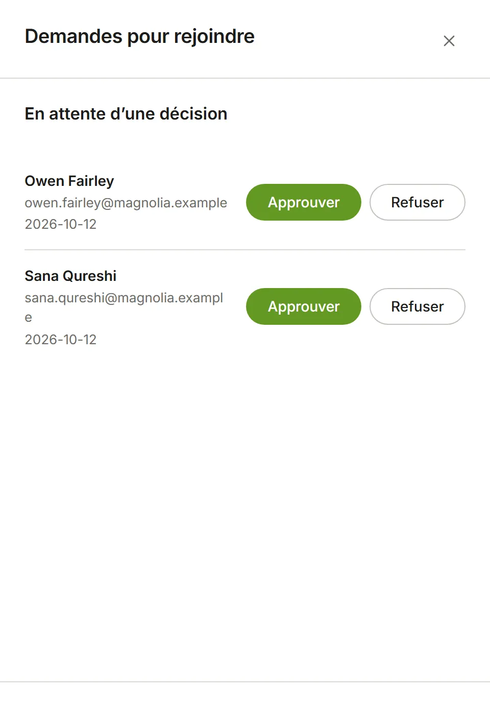 Demandes pour rejoindre, avec deux personnes en attente d'une décision