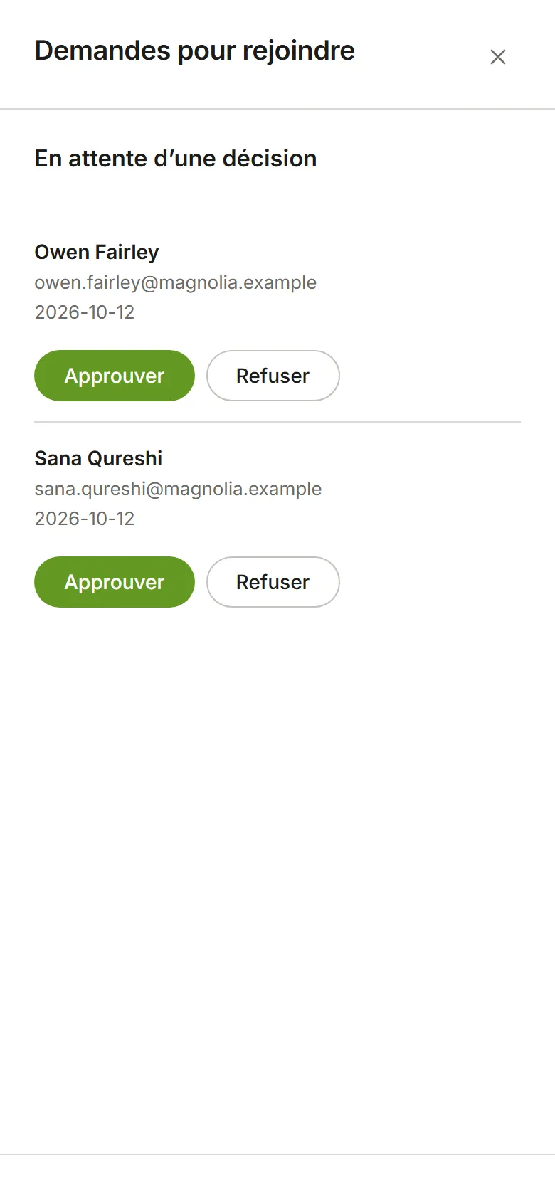 Demandes pour rejoindre, avec deux personnes en attente d'une décision