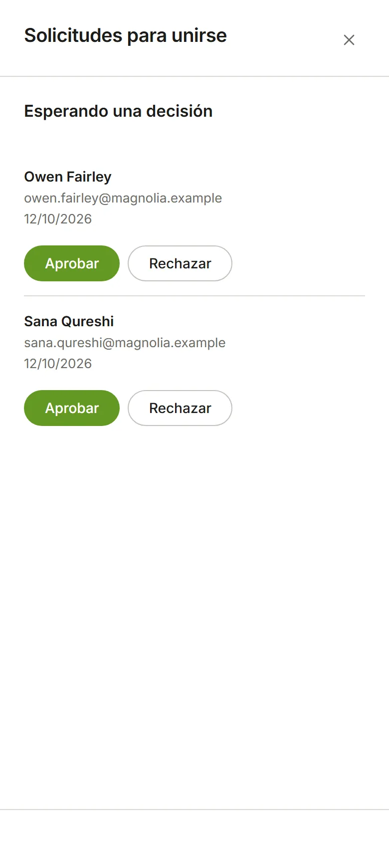 Solicitudes para unirse, con dos personas esperando una decisión