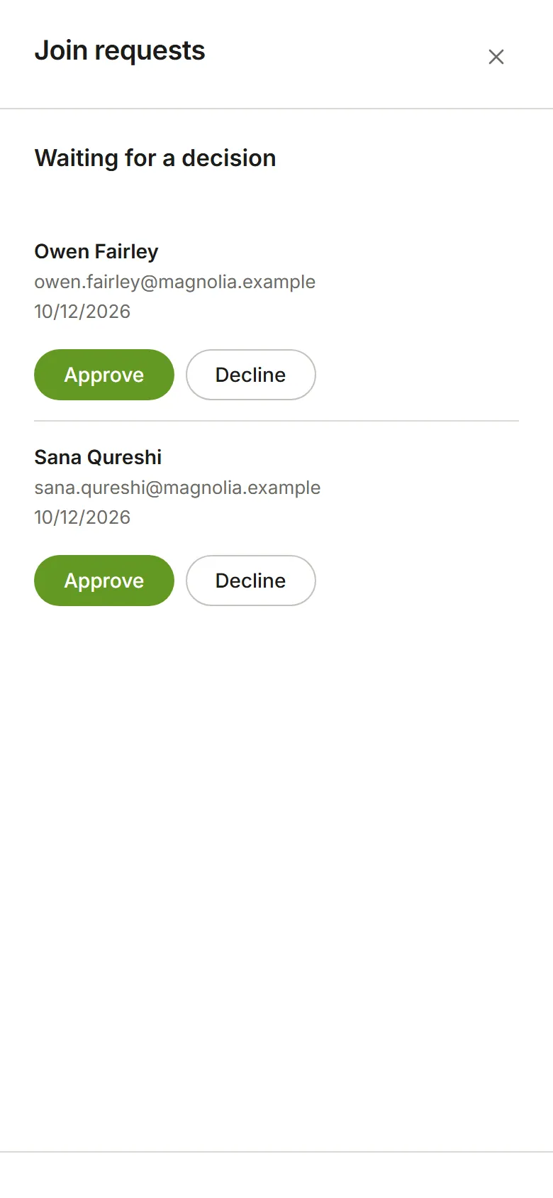 Join requests, with two people waiting for a decision