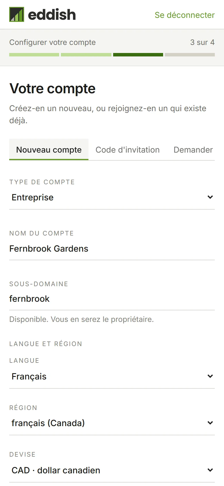 Les choix de Langue et région ouverts : langue, région, devise et format de date