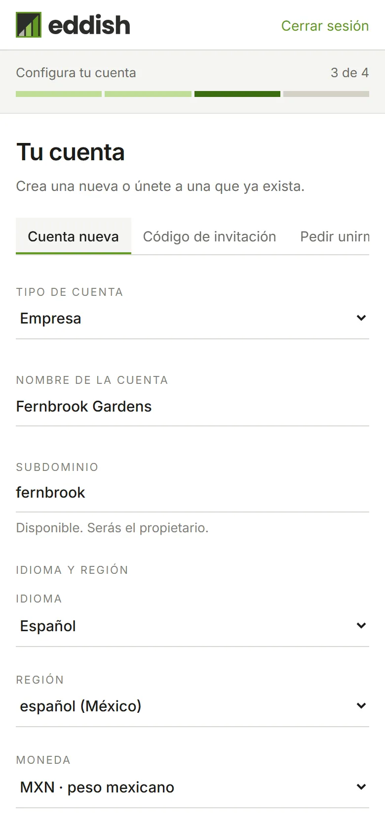 Las opciones de Idioma y región abiertas: idioma, región, moneda y formato de fecha