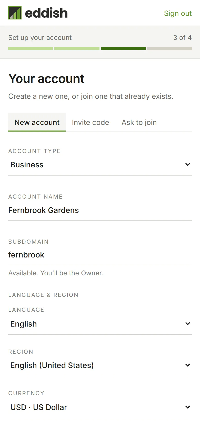 The Language & region choices opened: language, region, currency and date format