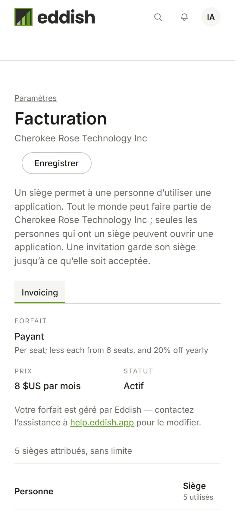 Facturation : le forfait, le prix et le statut d'Invoicing, puis les sièges qu'il utilise