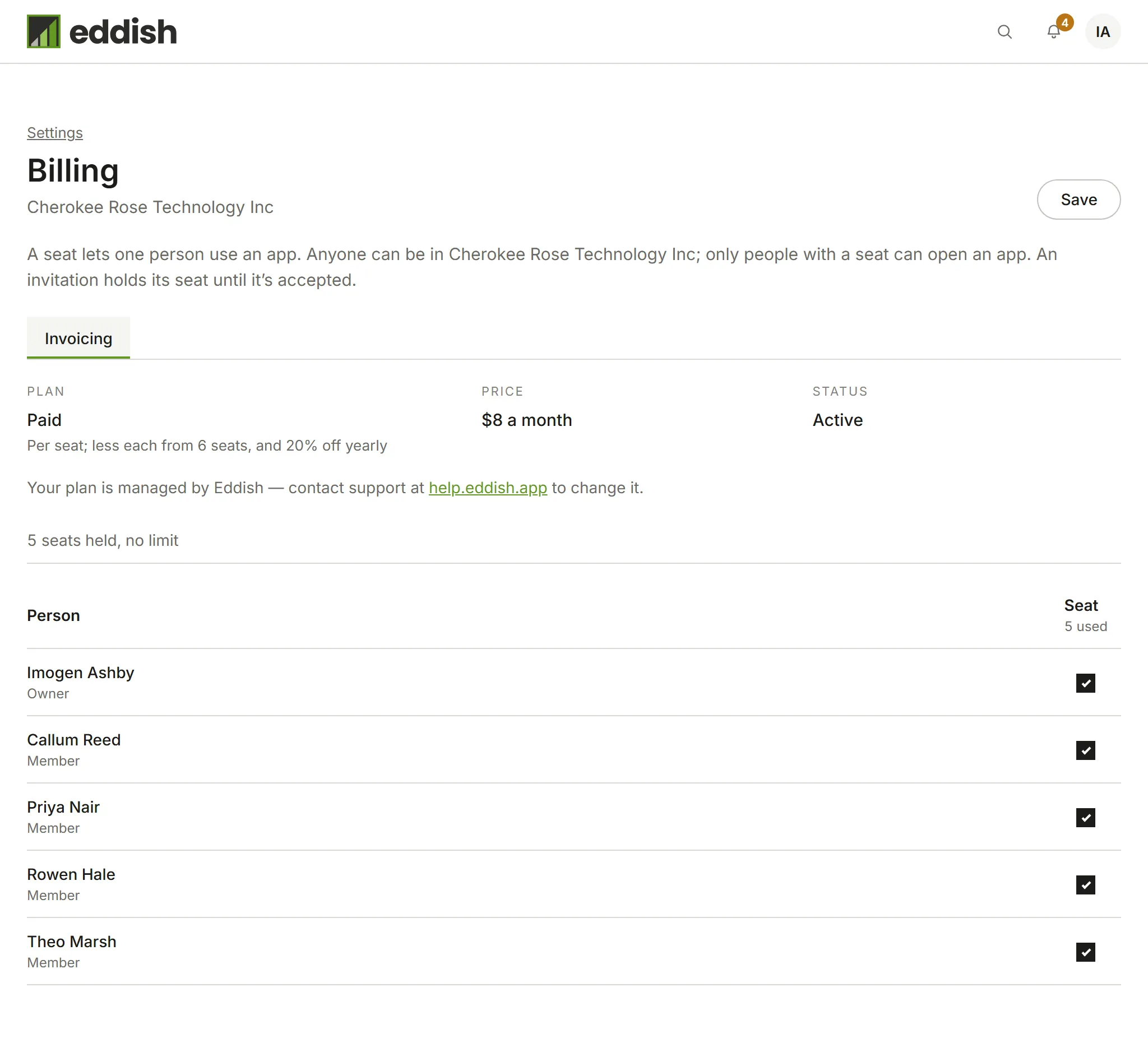 Billing: Invoicing's plan, price and status, then the seats it uses