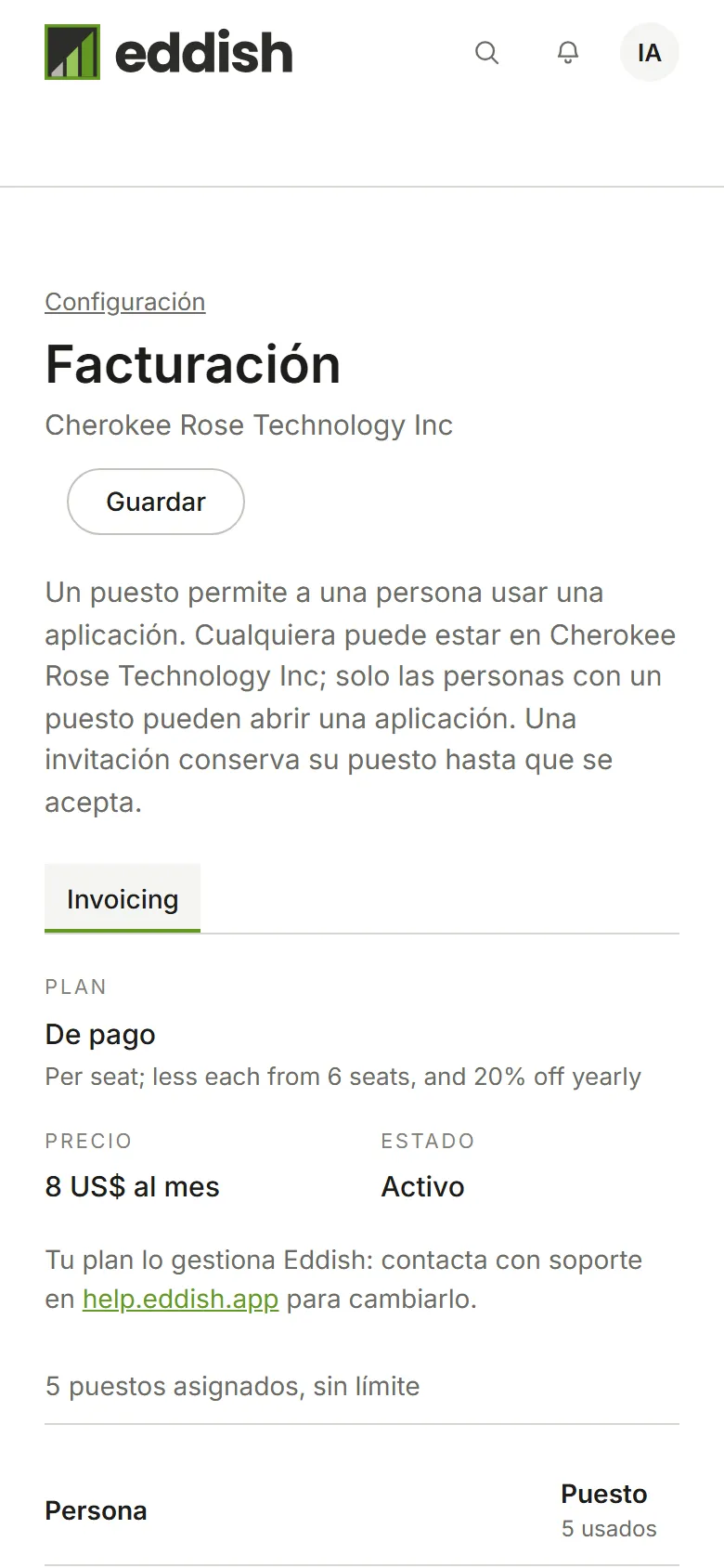 Facturación: el plan, el precio y el estado de Invoicing, y después los puestos que usa