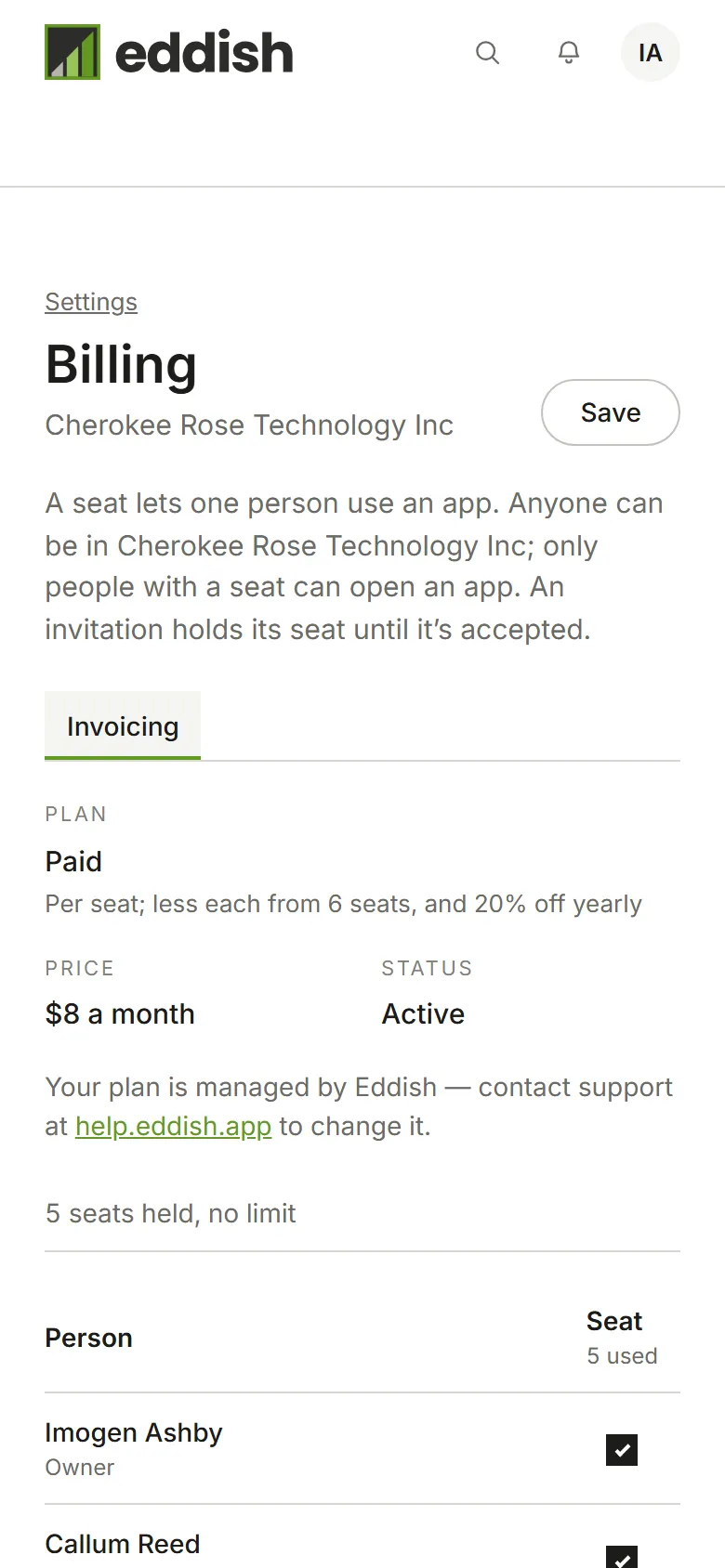 Billing: Invoicing's plan, price and status, then the seats it uses