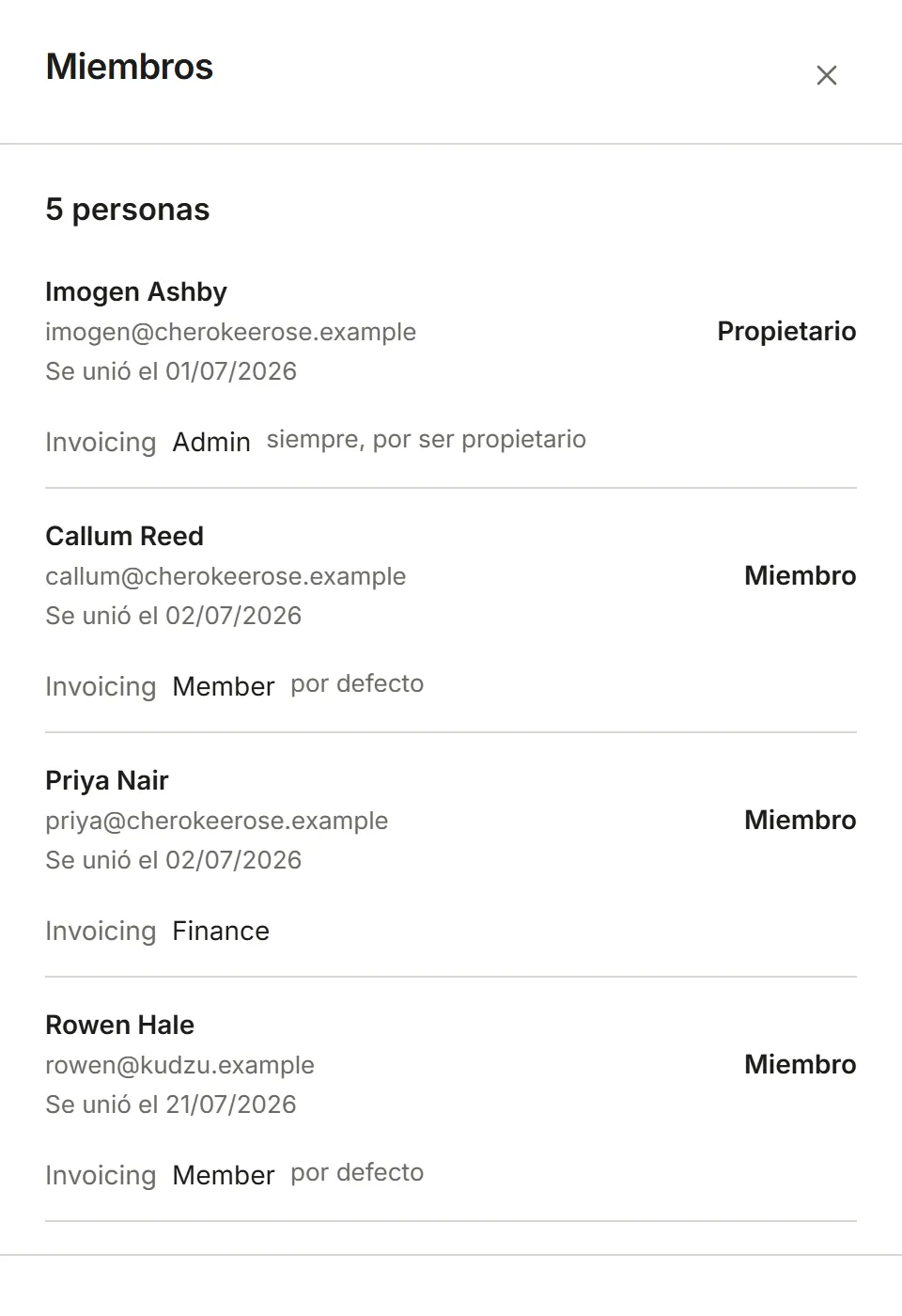 La página Miembros tal como lo ve un Miembro: la lista, de solo lectura