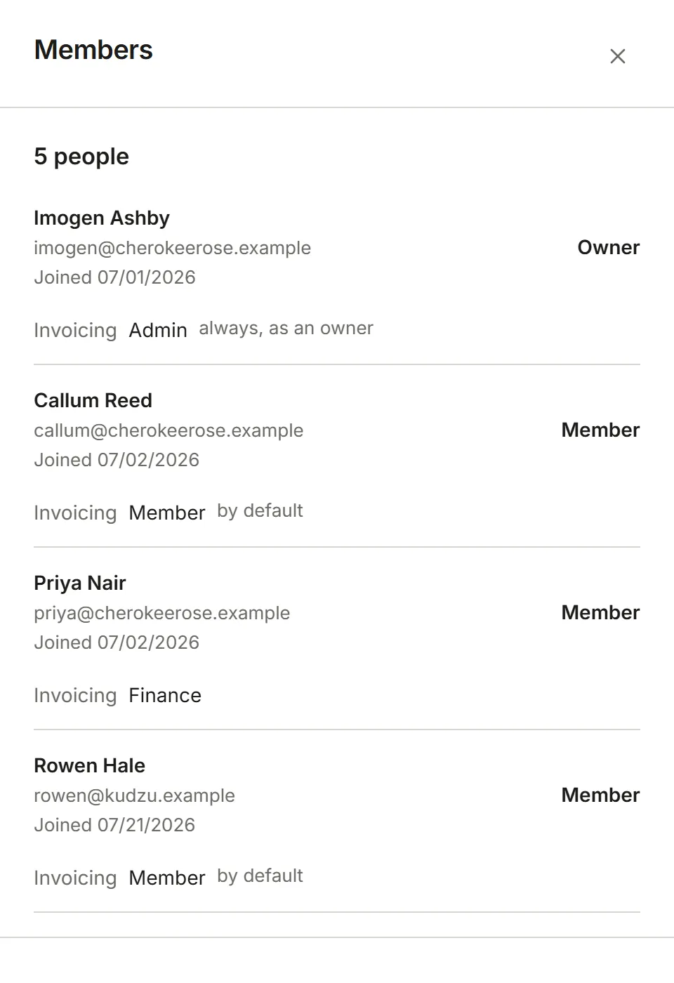 The Members page as a Member sees it: the list, read only