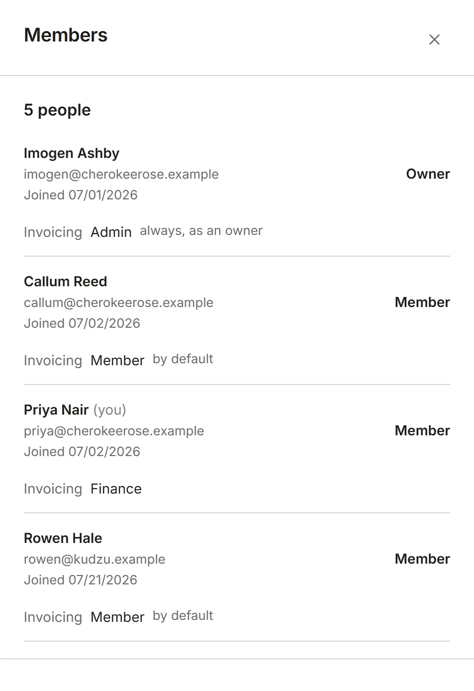 The Members page as a Member sees it: the list, read only