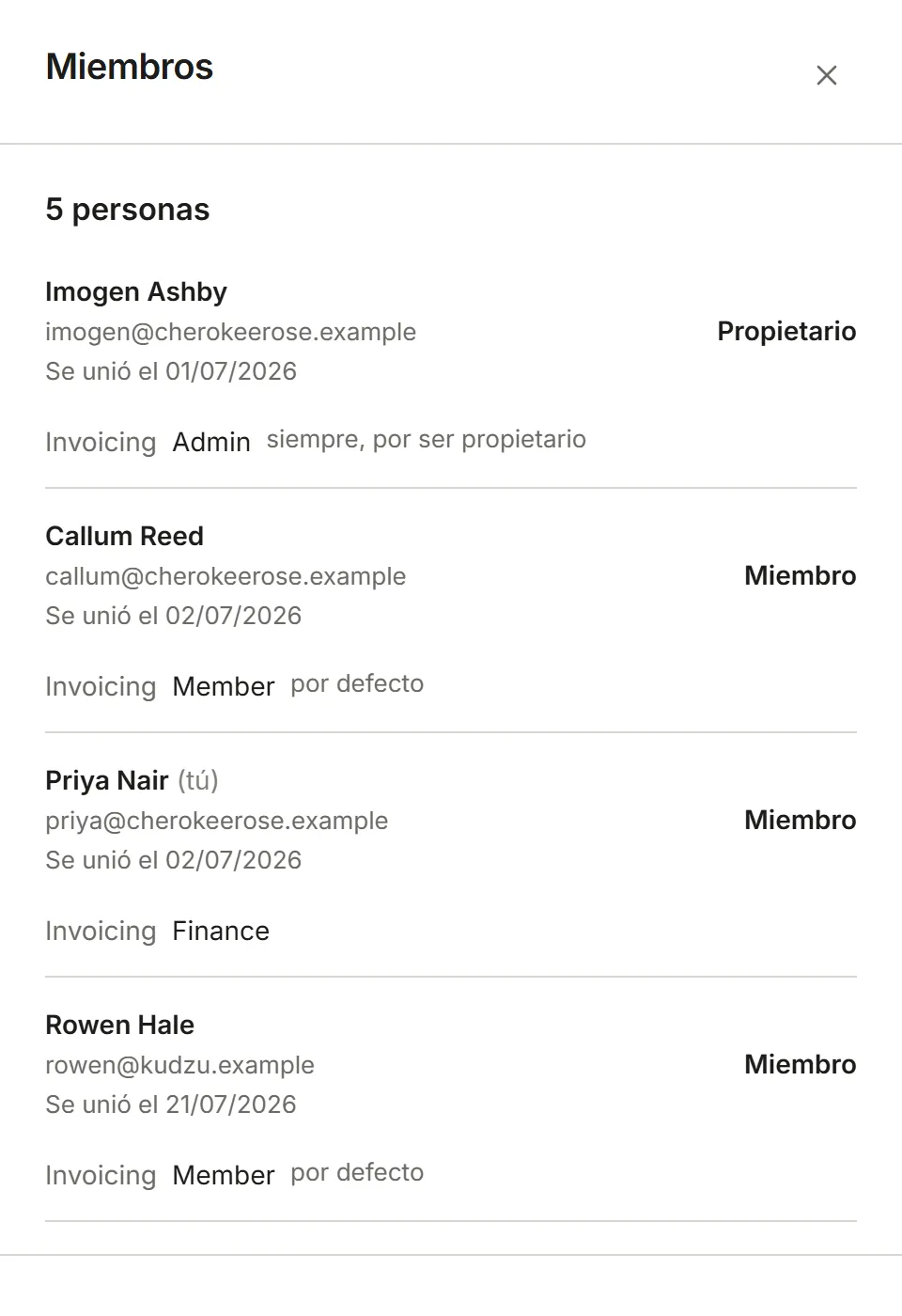 La página Miembros tal como lo ve un Miembro: la lista, de solo lectura