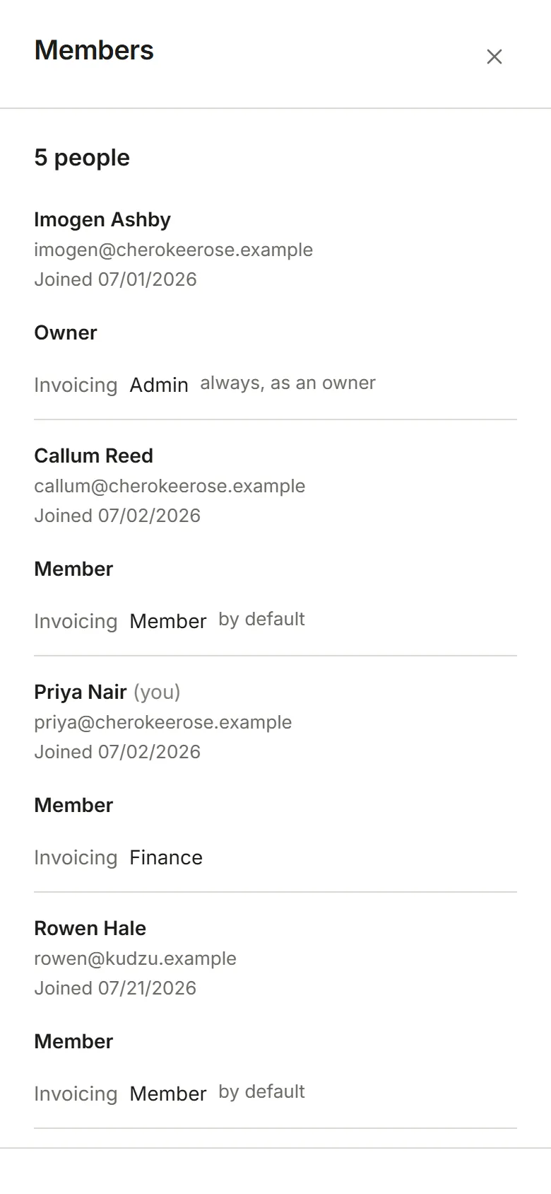The Members page as a Member sees it: the list, read only
