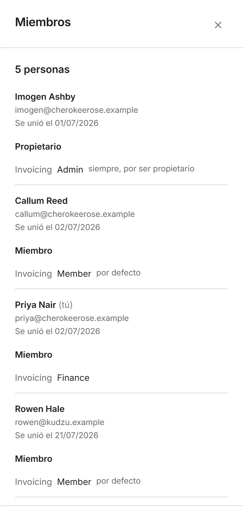 La página Miembros tal como lo ve un Miembro: la lista, de solo lectura