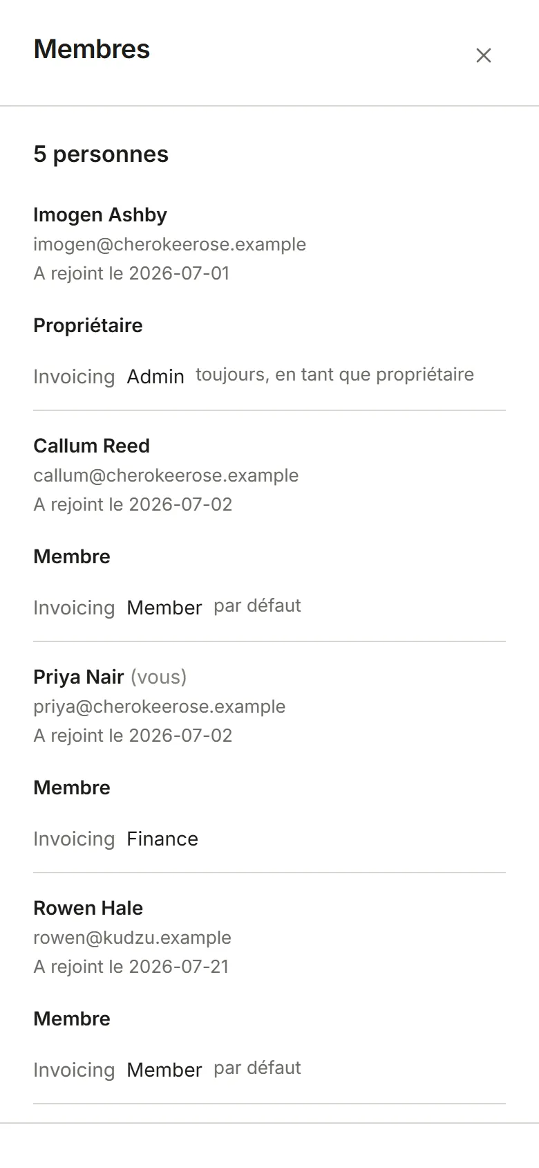 La page Membres telle qu'un Membre le voit : la liste, en lecture seule