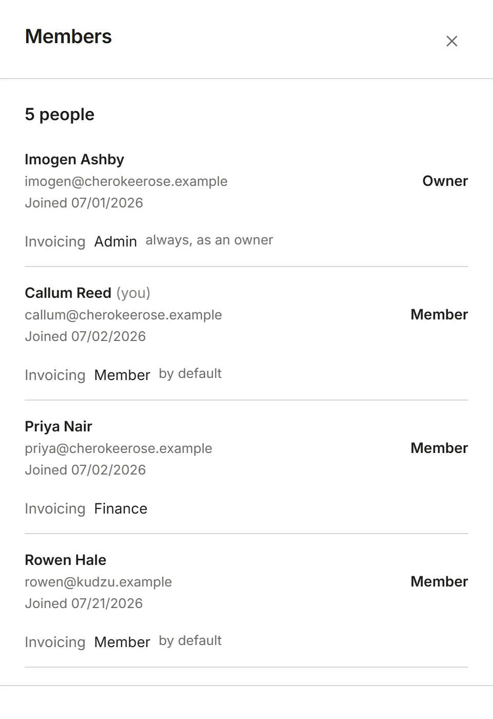The Members page as a Member sees it: the list, read only