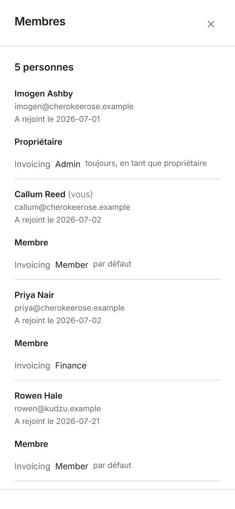 La page Membres telle qu'un Membre le voit : la liste, en lecture seule