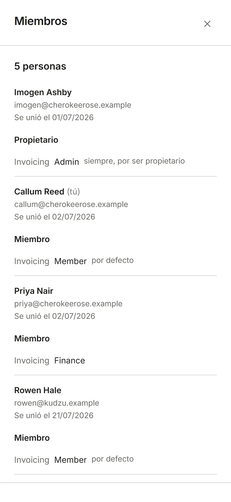 La página Miembros tal como lo ve un Miembro: la lista, de solo lectura