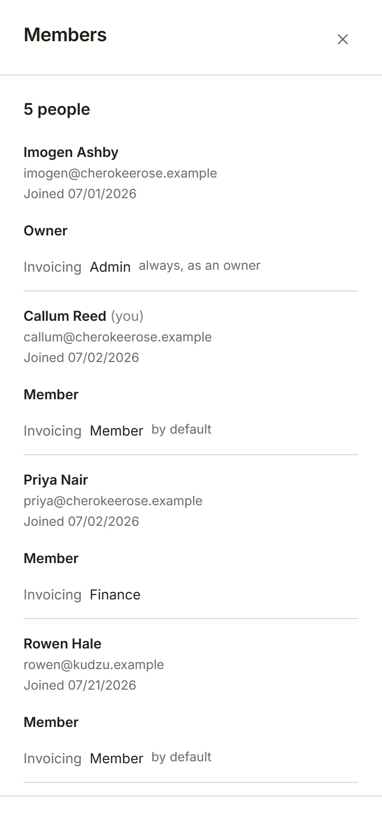 The Members page as a Member sees it: the list, read only