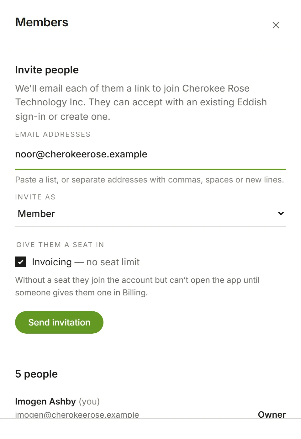The Invite people panel, open over the Members page, with an email address entered