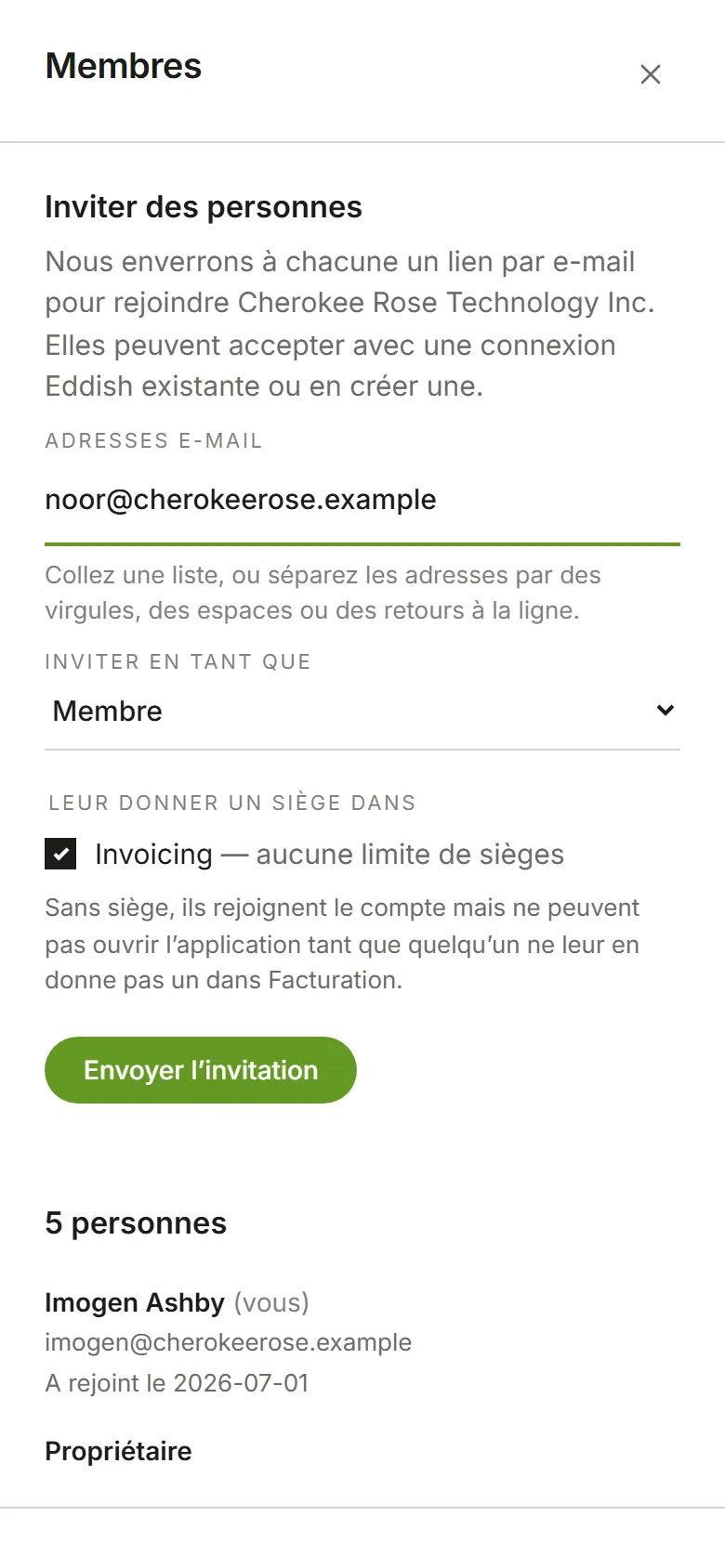 Le panneau Inviter des personnes, ouvert sur la page Membres, avec une adresse e-mail saisie
