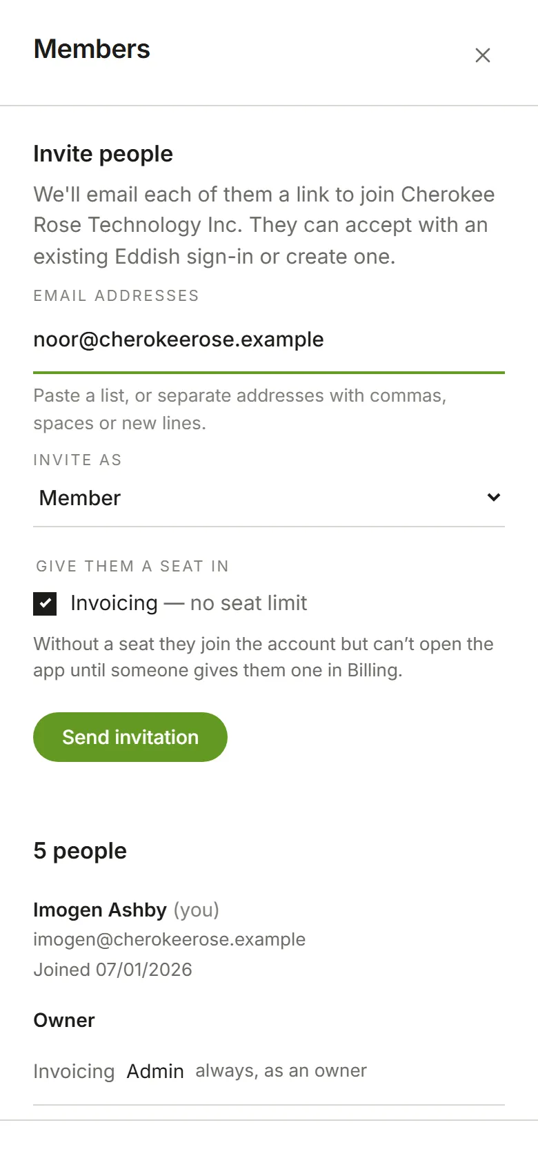 The Invite people panel, open over the Members page, with an email address entered