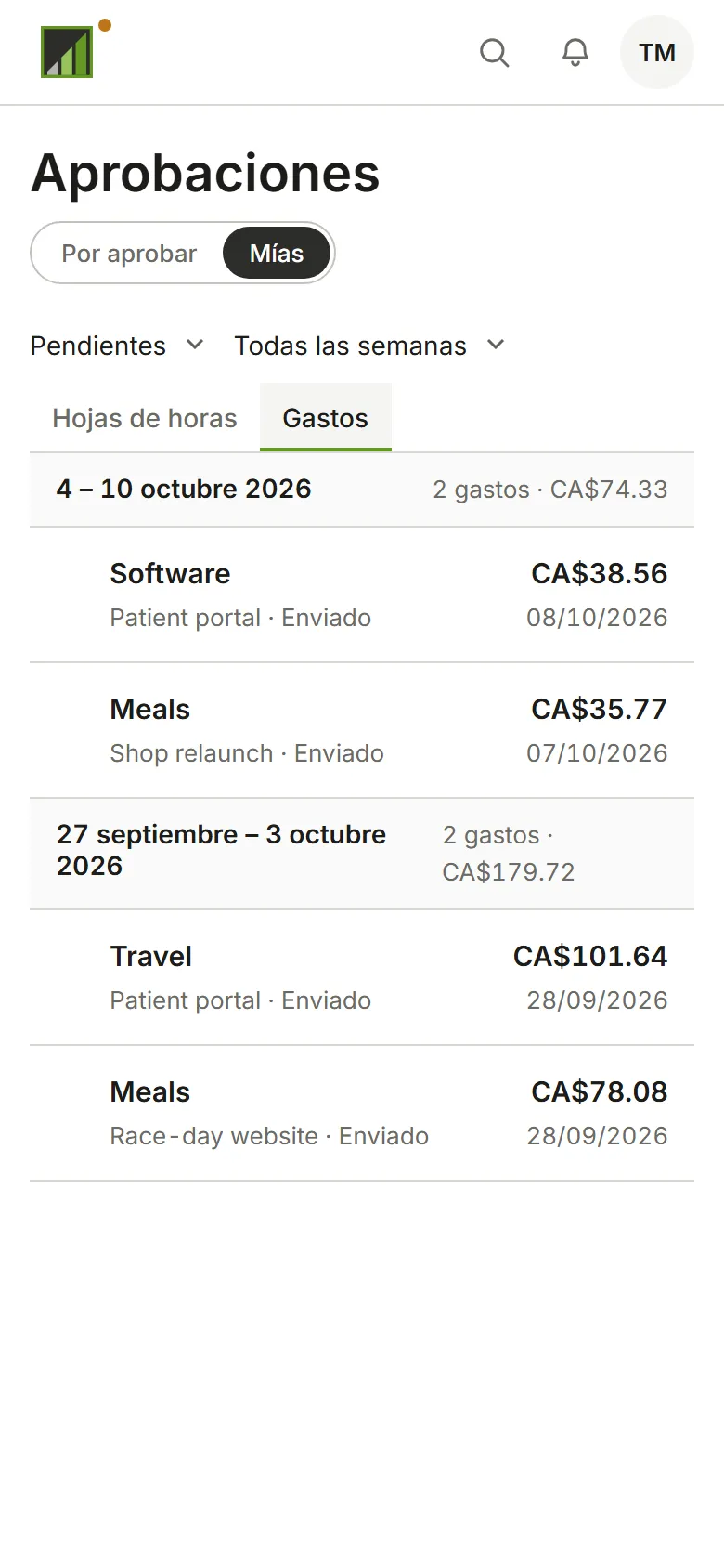 Mías: tus propias semanas enviadas