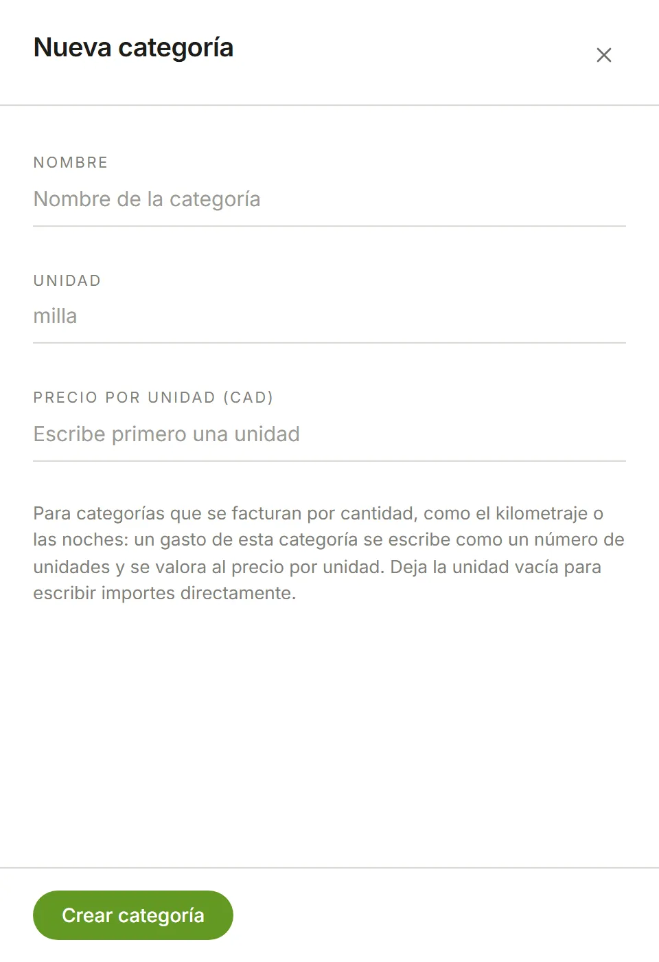 El panel Nueva categoría