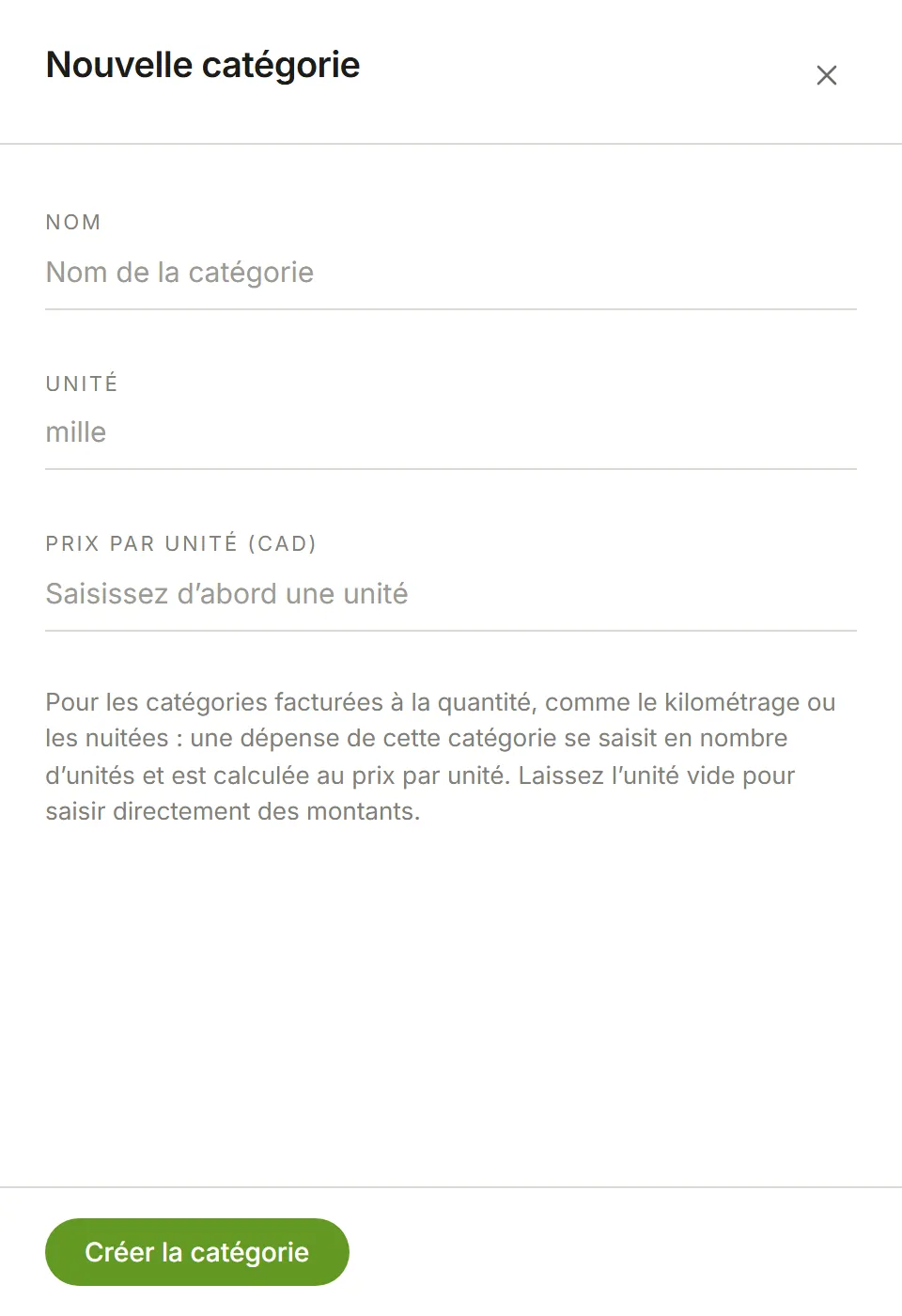 Le panneau Nouvelle catégorie