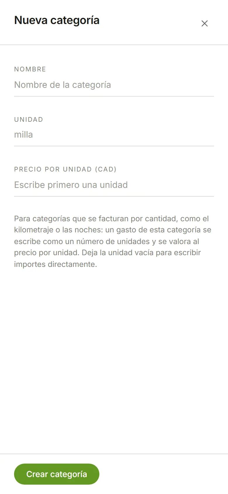 El panel Nueva categoría