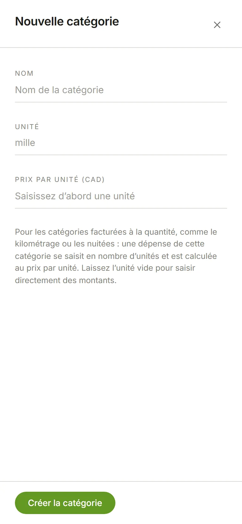 Le panneau Nouvelle catégorie