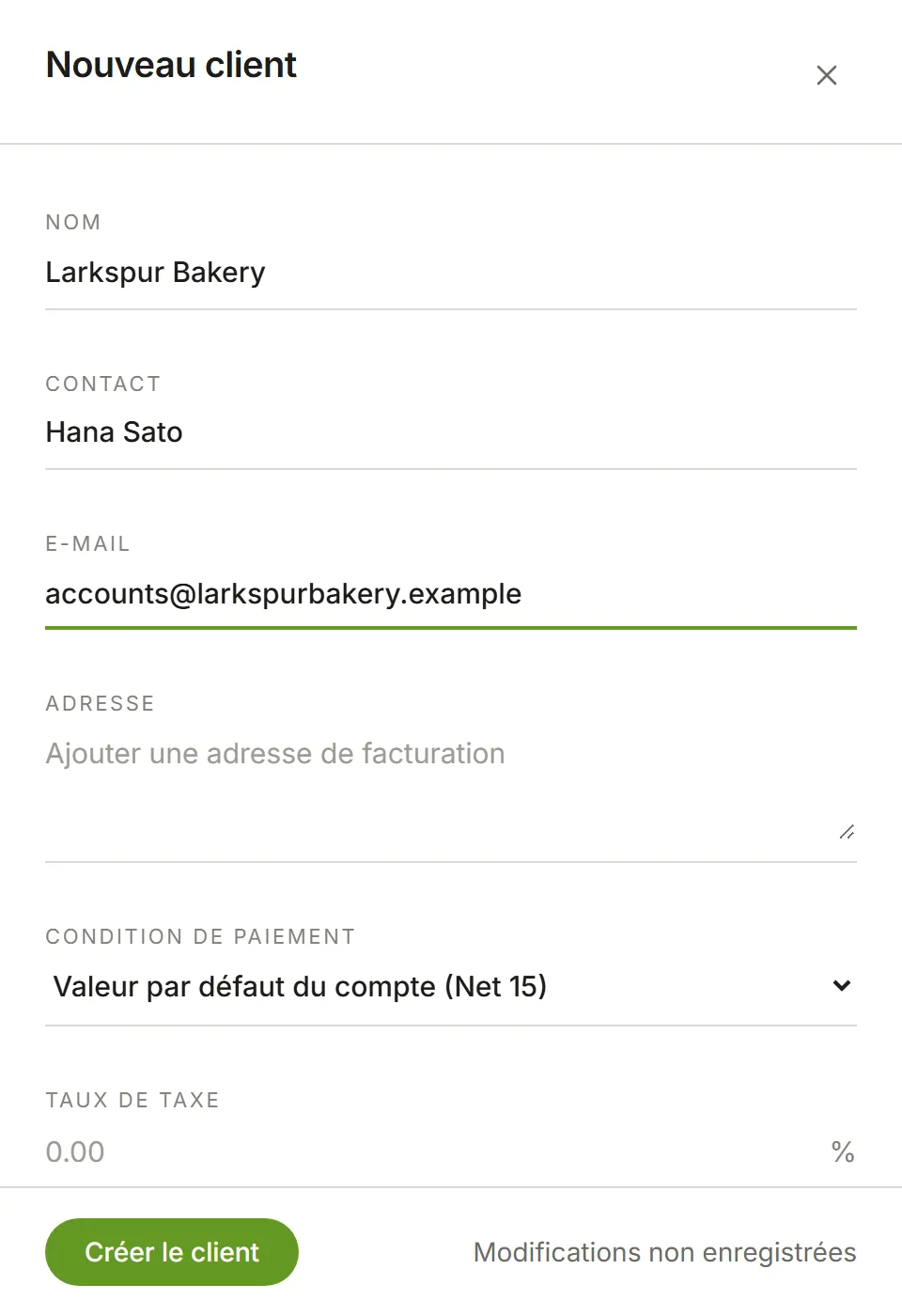 Le panneau Nouveau client