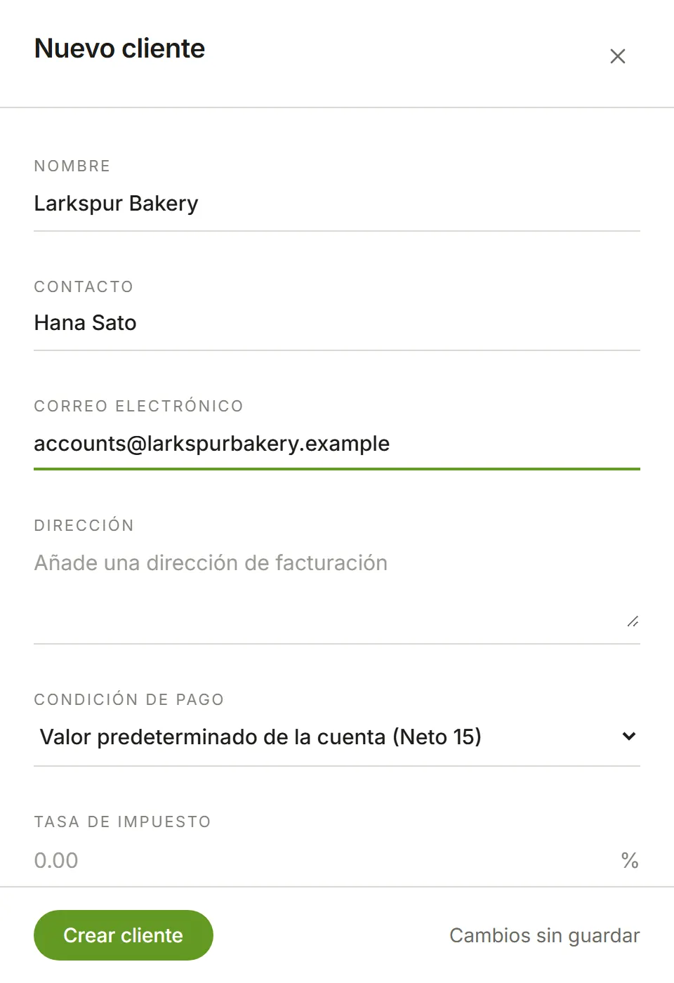 El panel Nuevo cliente