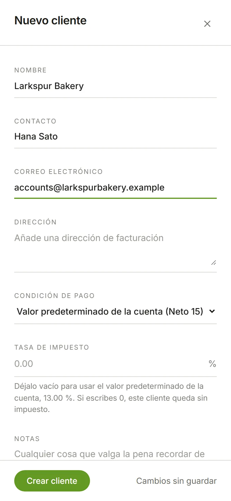 El panel Nuevo cliente