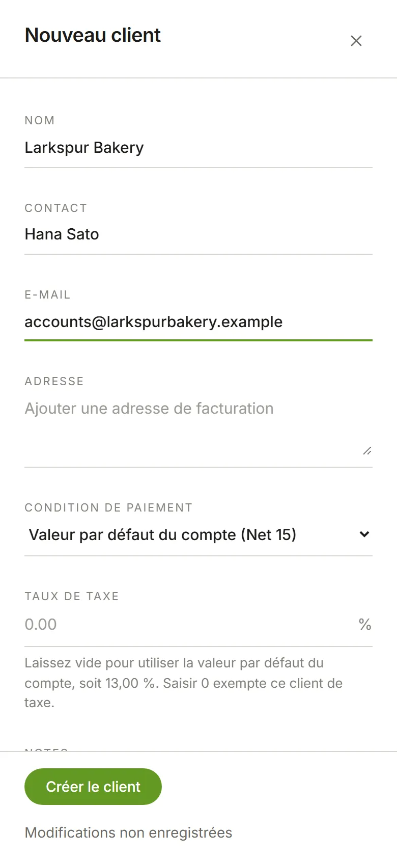 Le panneau Nouveau client