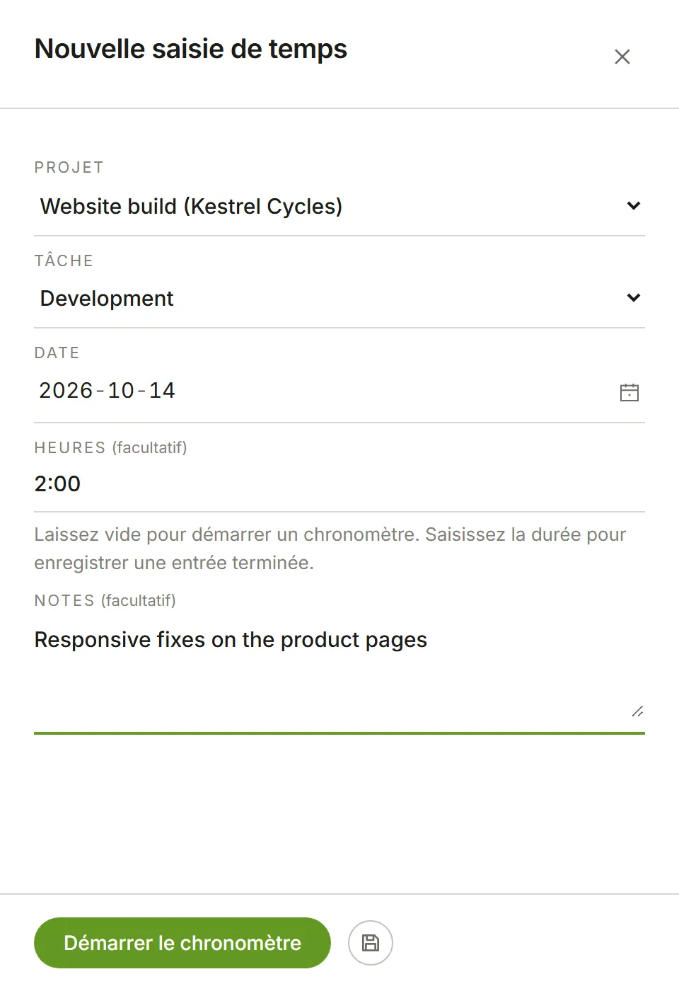 Le panneau Nouvelle saisie de temps : projet, tâche, date, heures et une note
