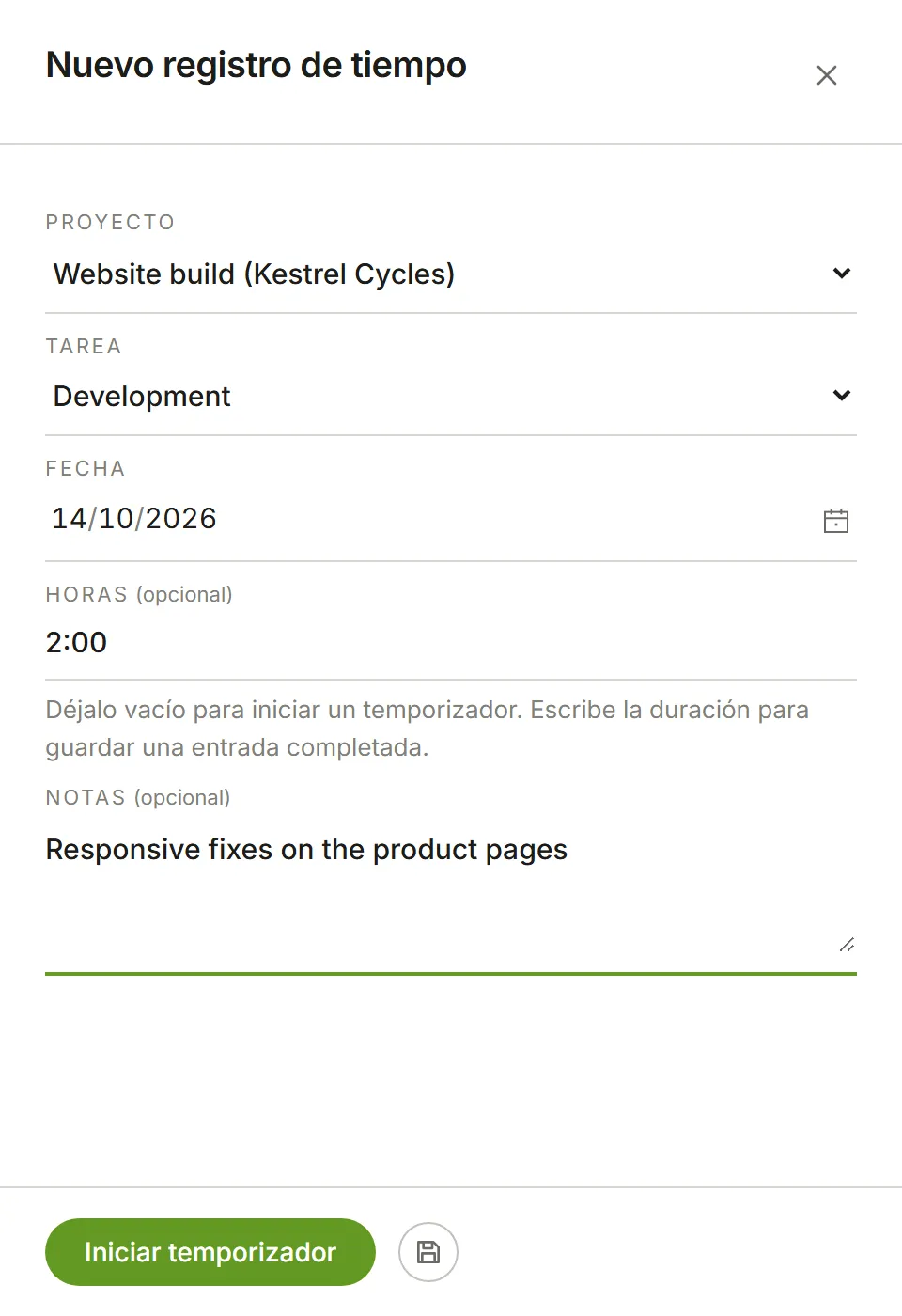 El panel Nuevo registro de tiempo: proyecto, tarea, fecha, horas y una nota