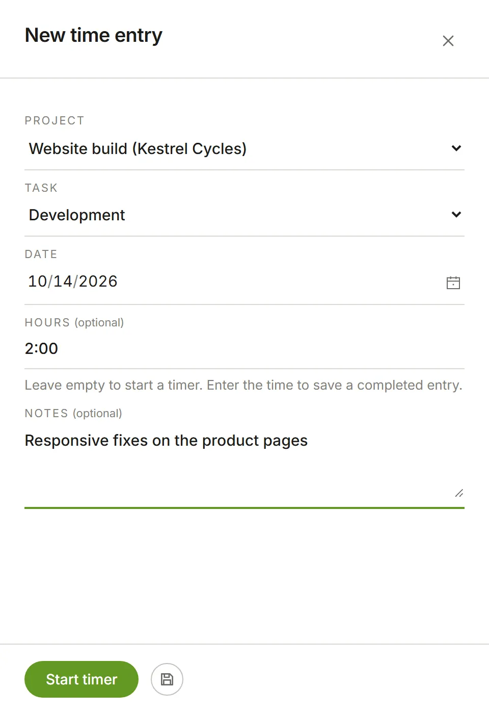 The New time entry panel: project, task, date, hours and a note