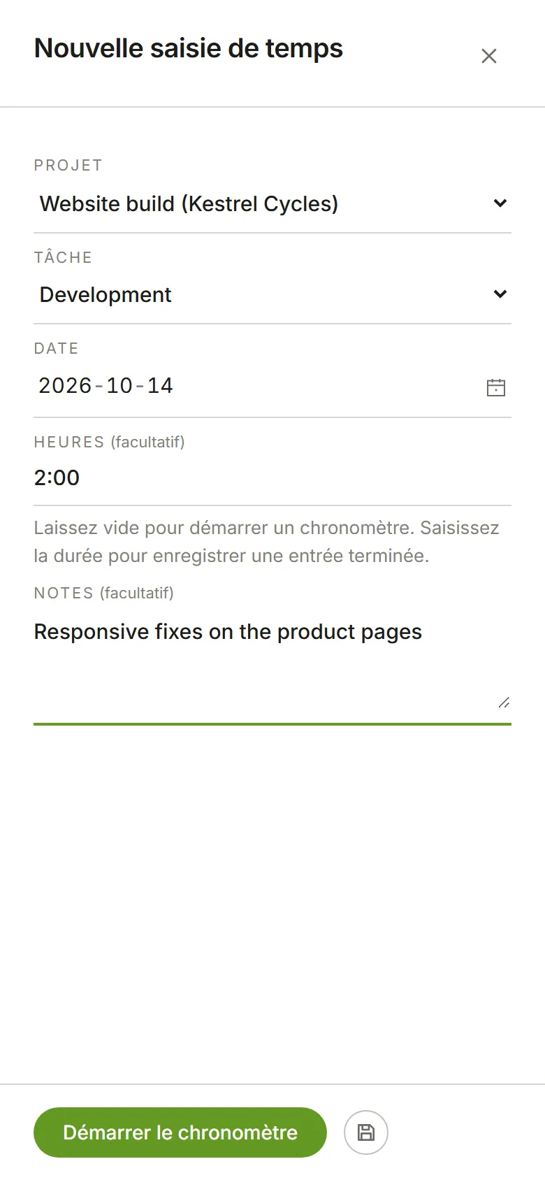 Le panneau Nouvelle saisie de temps : projet, tâche, date, heures et une note