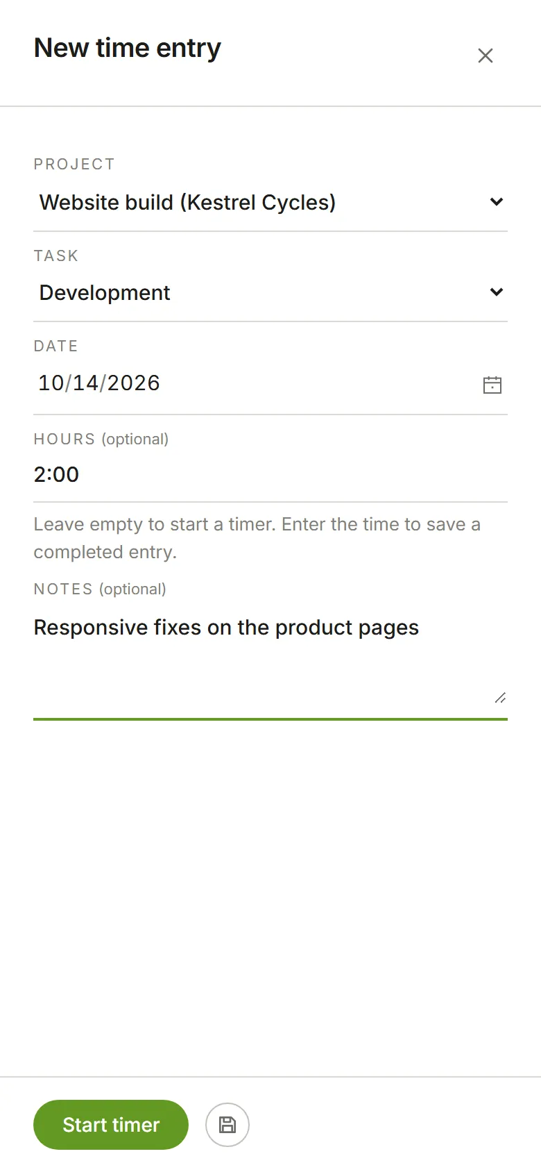 The New time entry panel: project, task, date, hours and a note