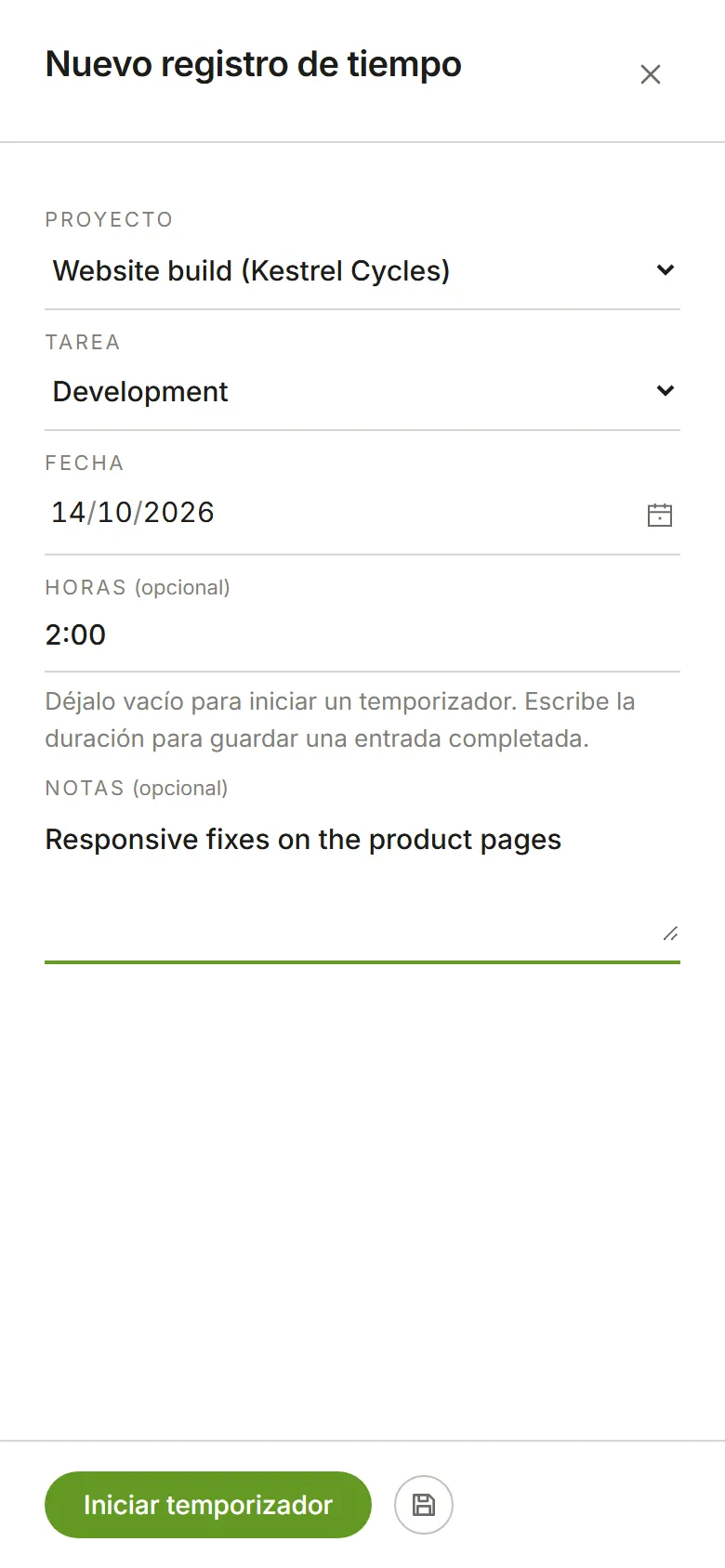El panel Nuevo registro de tiempo: proyecto, tarea, fecha, horas y una nota