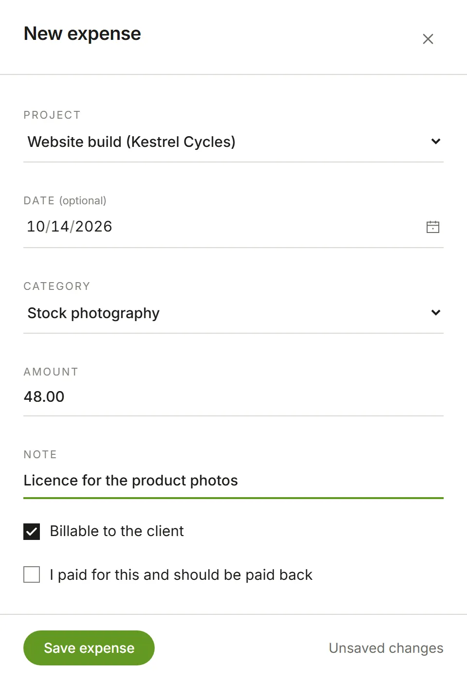 The New expense panel: project, category, amount and note