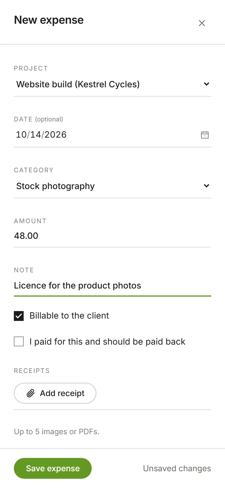 The New expense panel: project, category, amount and note