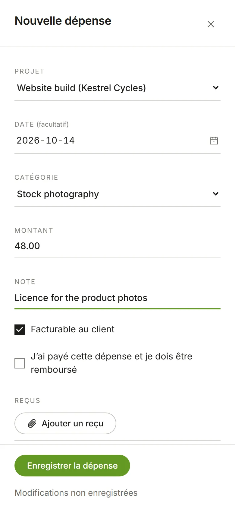 Le panneau Nouvelle dépense : projet, catégorie, montant et note