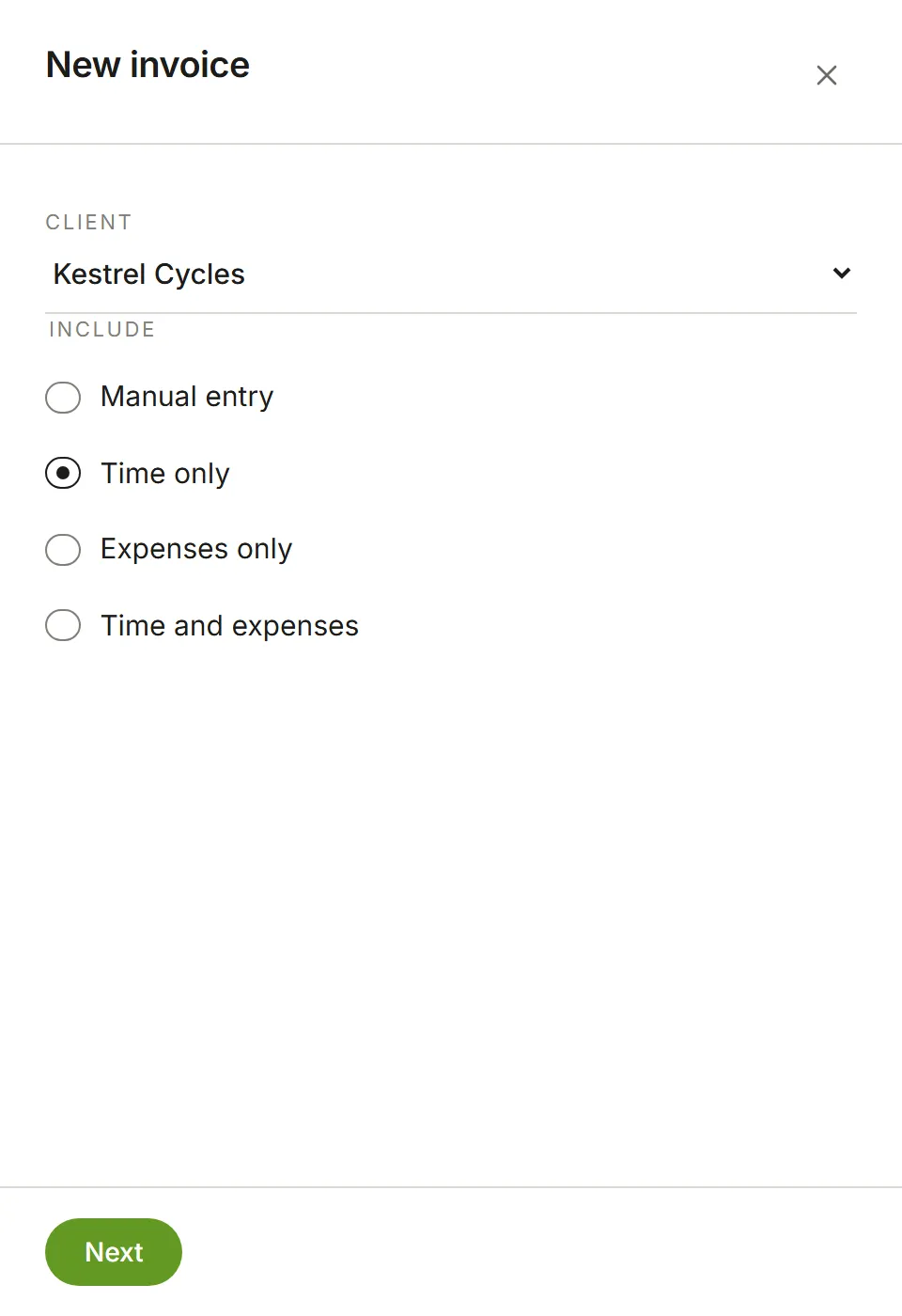 Step one of New invoice: client Kestrel Cycles, Time only